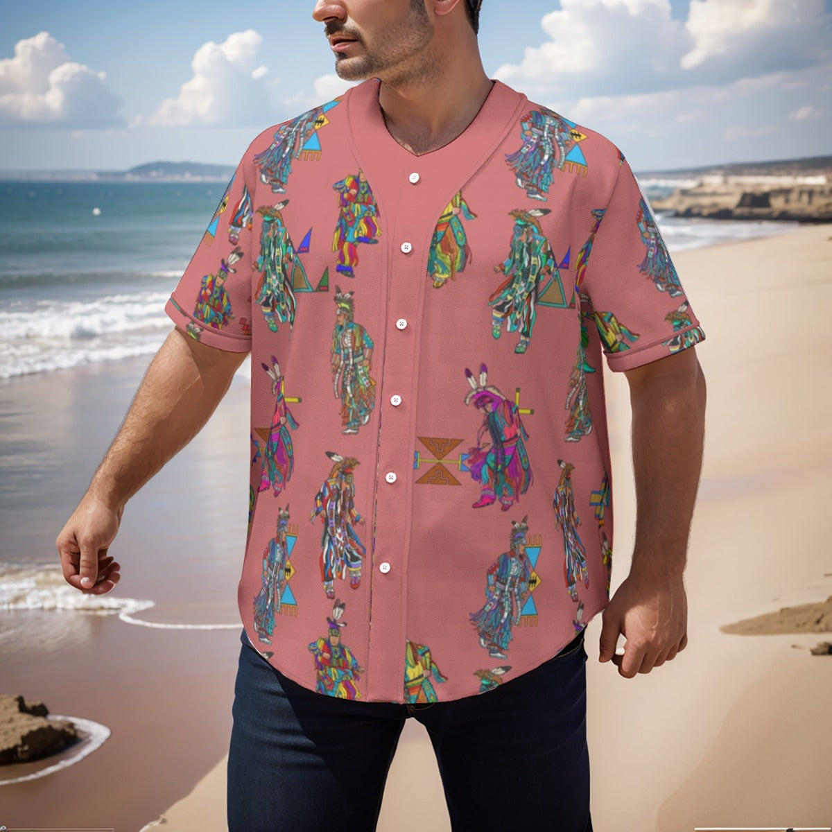 Men's Grass Dancers Terra Cotta Men's Short Sleeve Baseball Jersey With Pinstripes