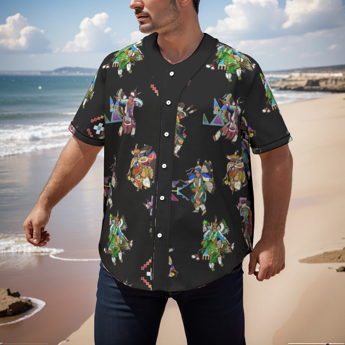 Men's Fancy Dancer Black Men's Short Sleeve Baseball Jersey With Pinstripes