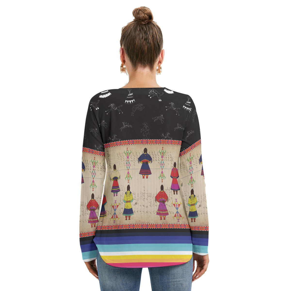 Ledger Round Dance Midnight Women's Long Sleeve Neckline Tie Sweatshirt