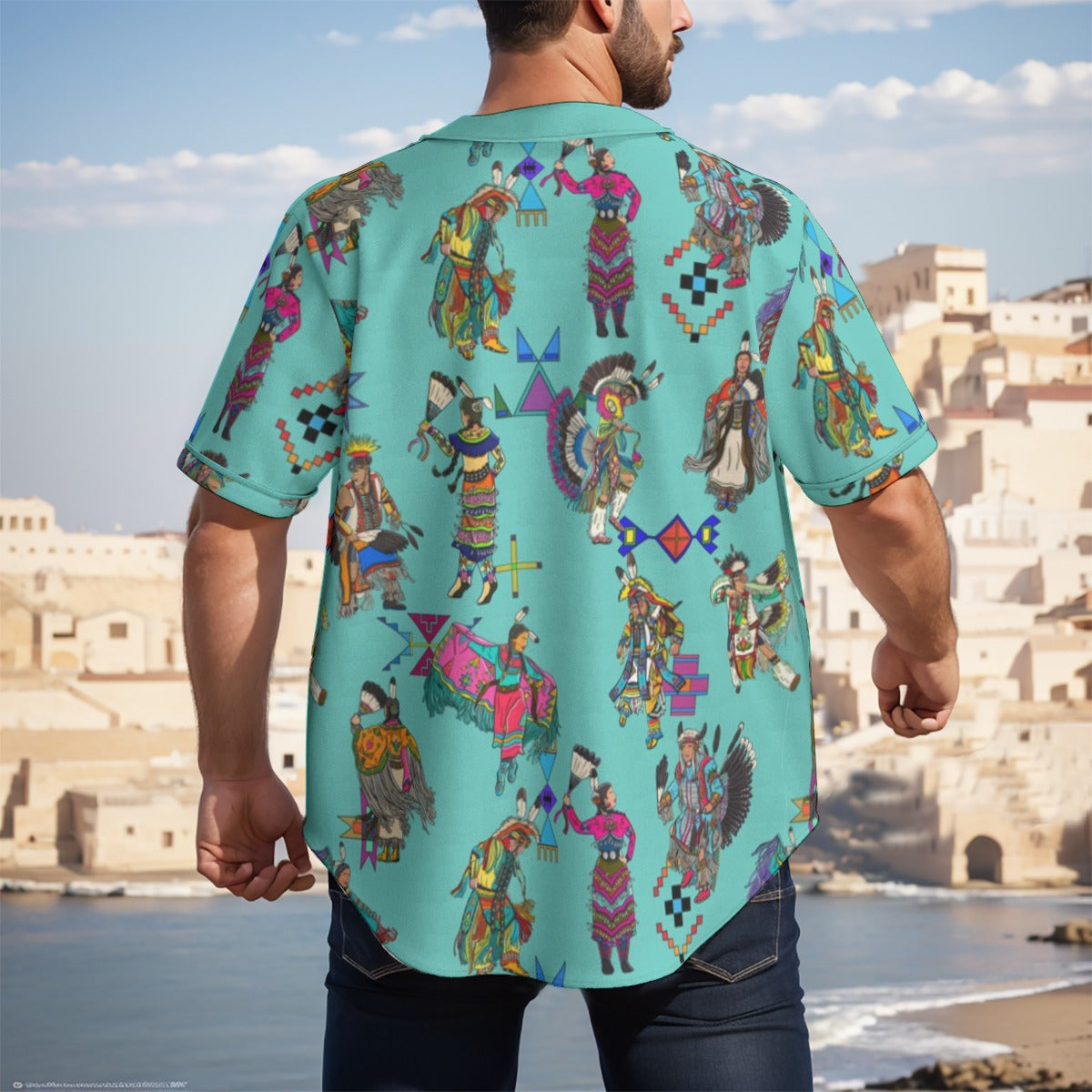 Grand Entry Dancers Eggshell Blue Men's Short Sleeve Baseball Jersey With Pinstripes