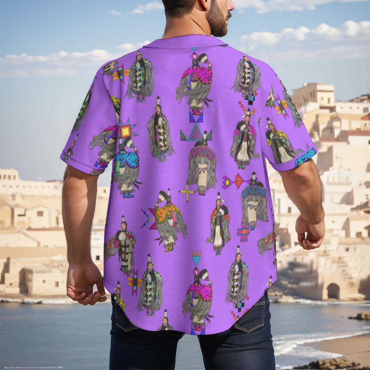 Women's Tradish Dancers Purple Men's Short Sleeve Baseball Jersey With Pinstripes
