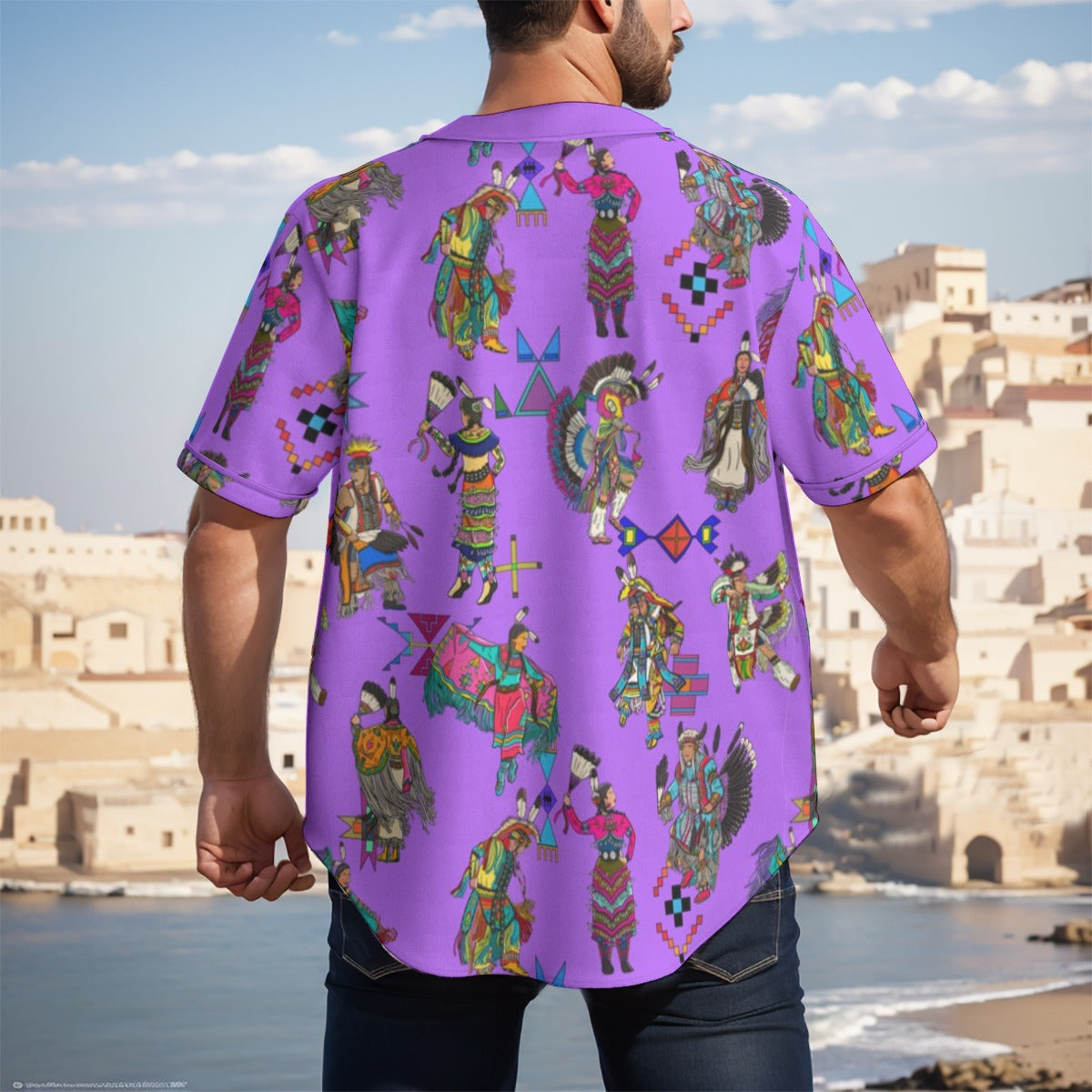 Grand Entry Dancers Purple Men's Short Sleeve Baseball Jersey With Pinstripes
