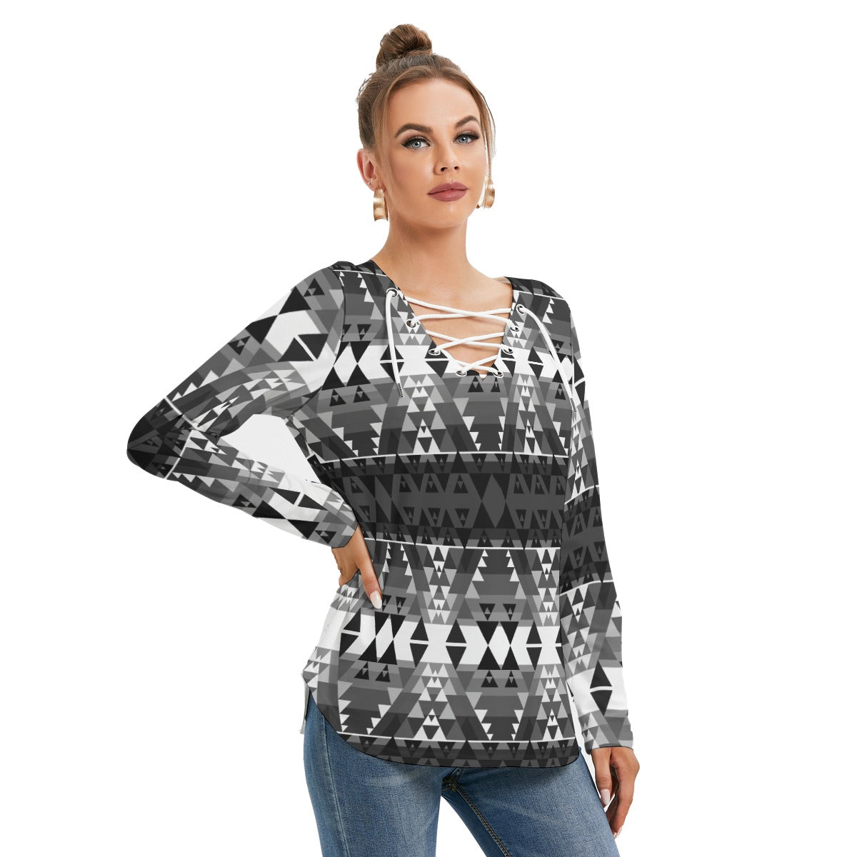 Writing on Stone Black and White Women's Long Sleeve Neckline Tie Sweatshirt