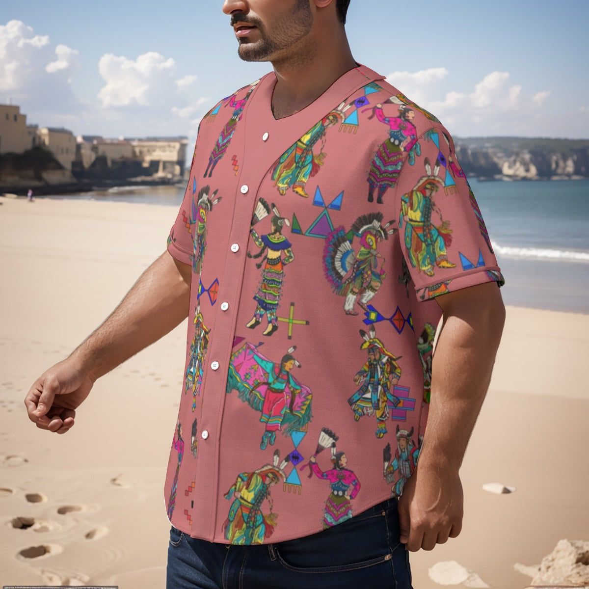 Grand Entry Dancers Terra Cotta Men's Short Sleeve Baseball Jersey With Pinstripes