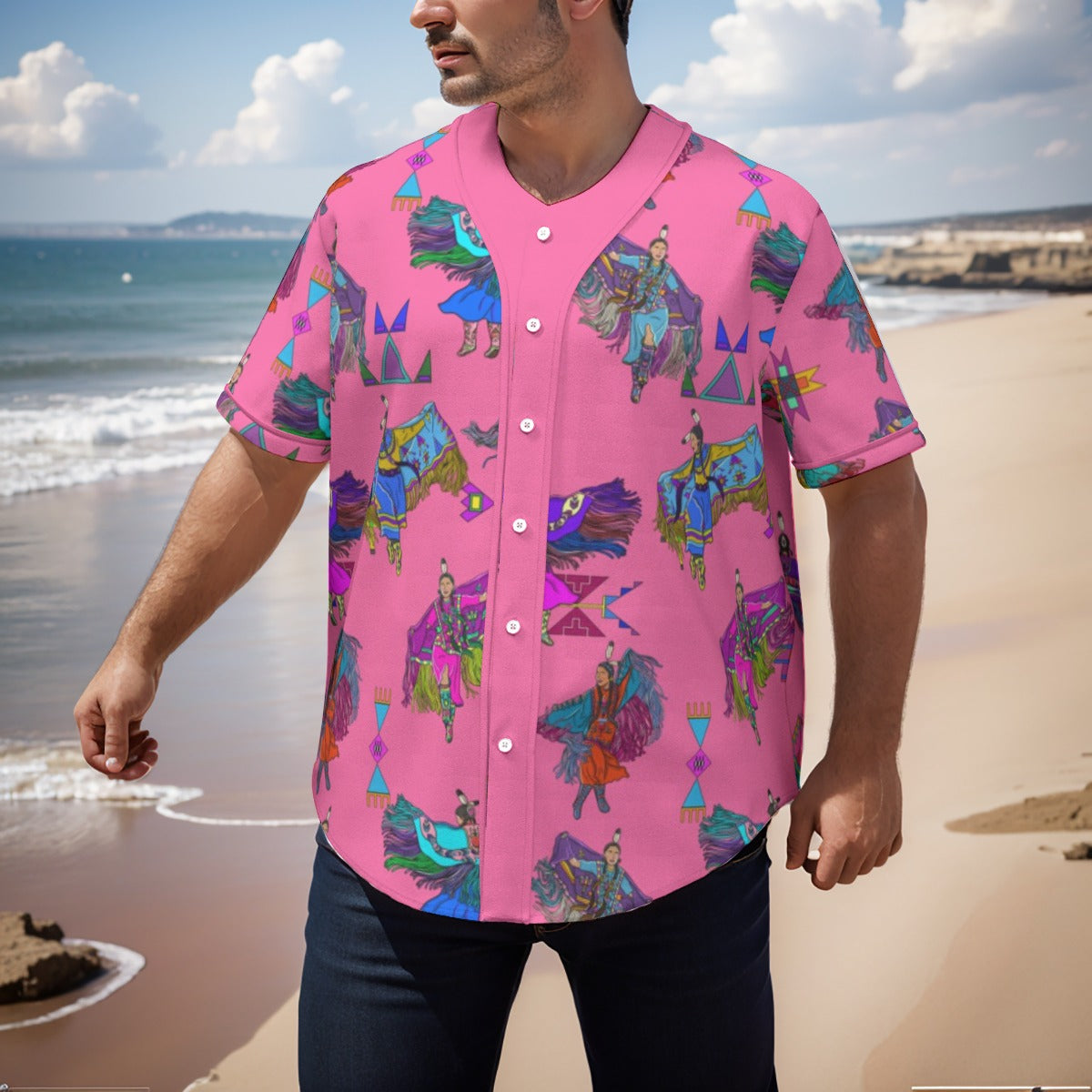Women's Fancy Dancers Pink Men's Short Sleeve Baseball Jersey With Pinstripes