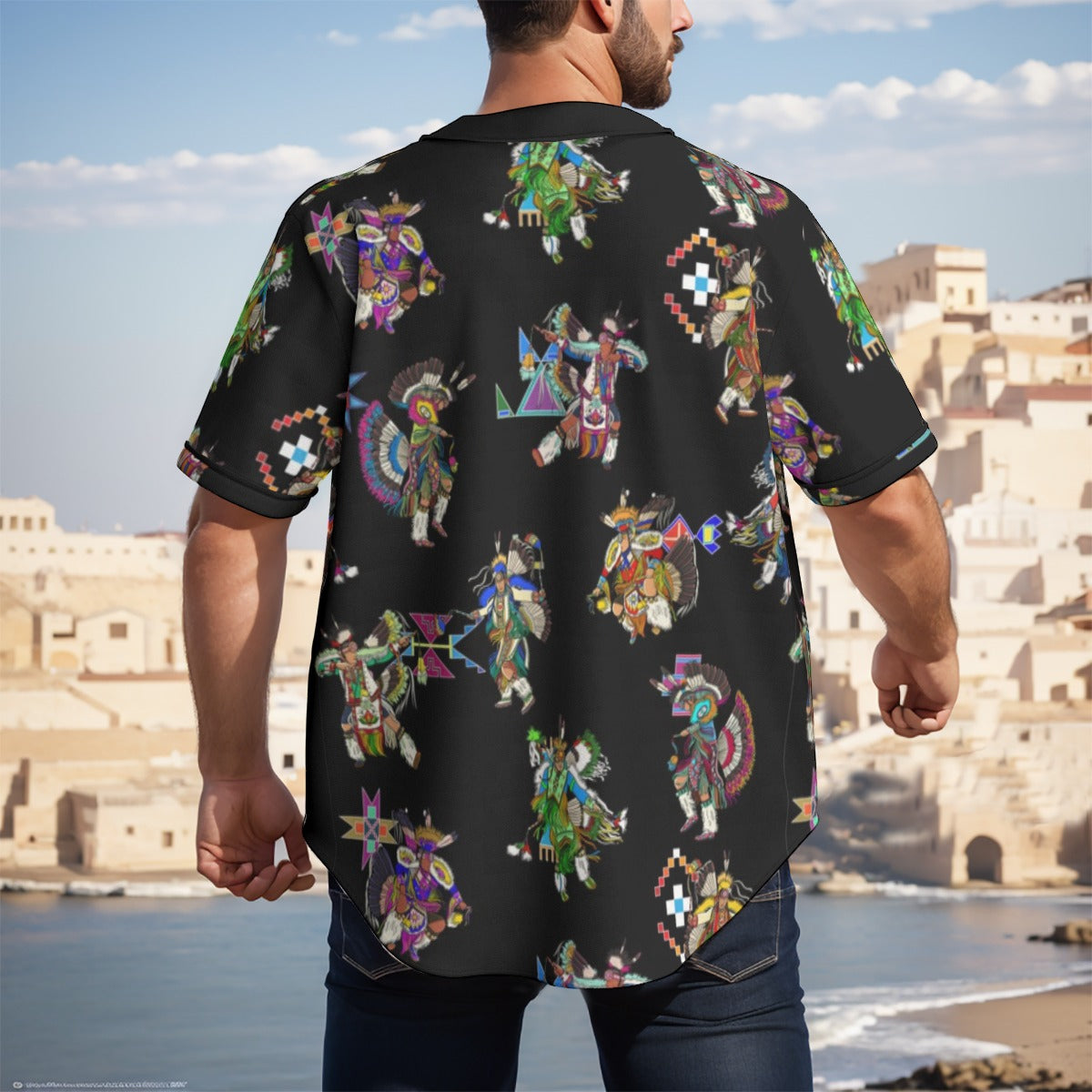 Men's Fancy Dancer Black Men's Short Sleeve Baseball Jersey With Pinstripes