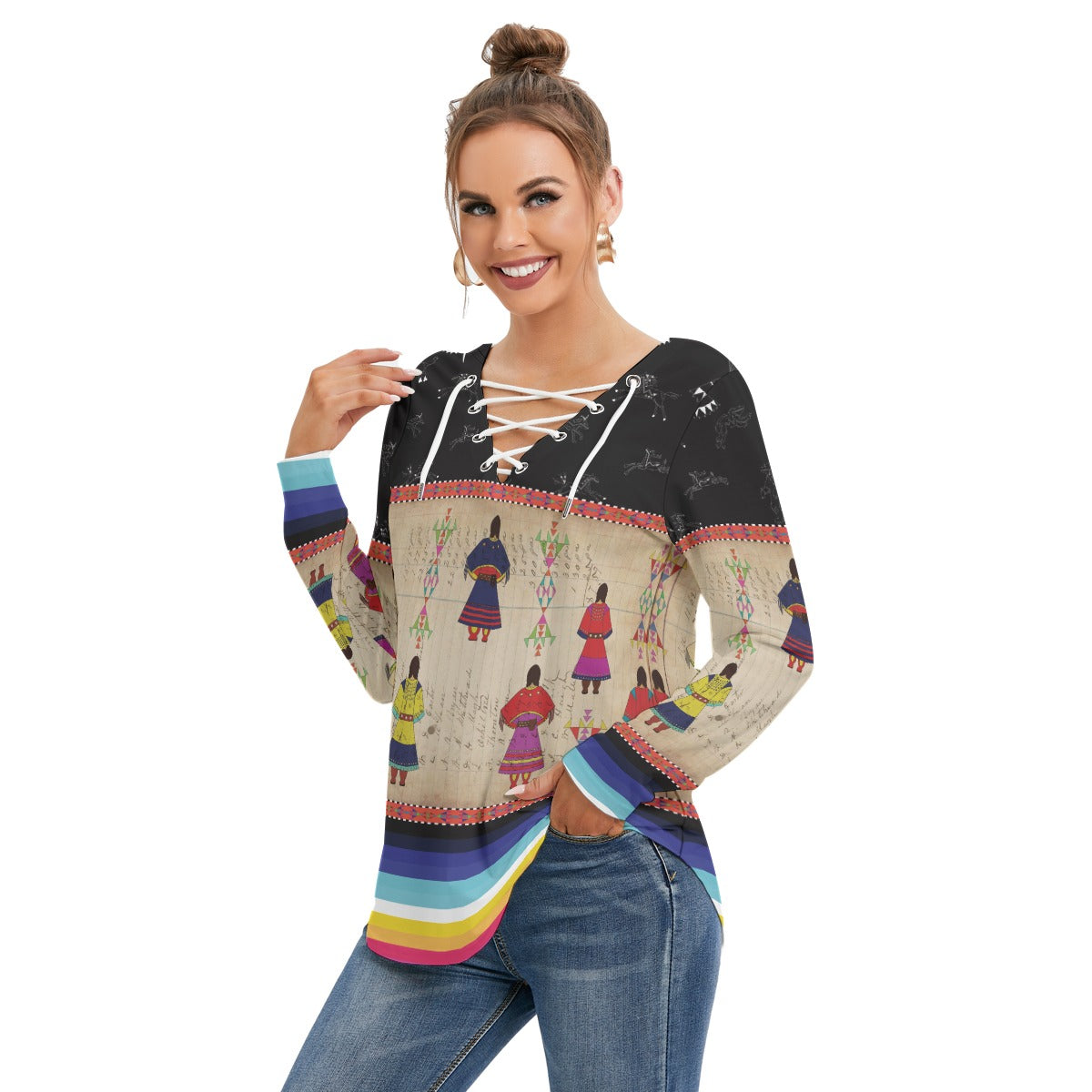 Ledger Round Dance Midnight Women's Long Sleeve Neckline Tie Sweatshirt