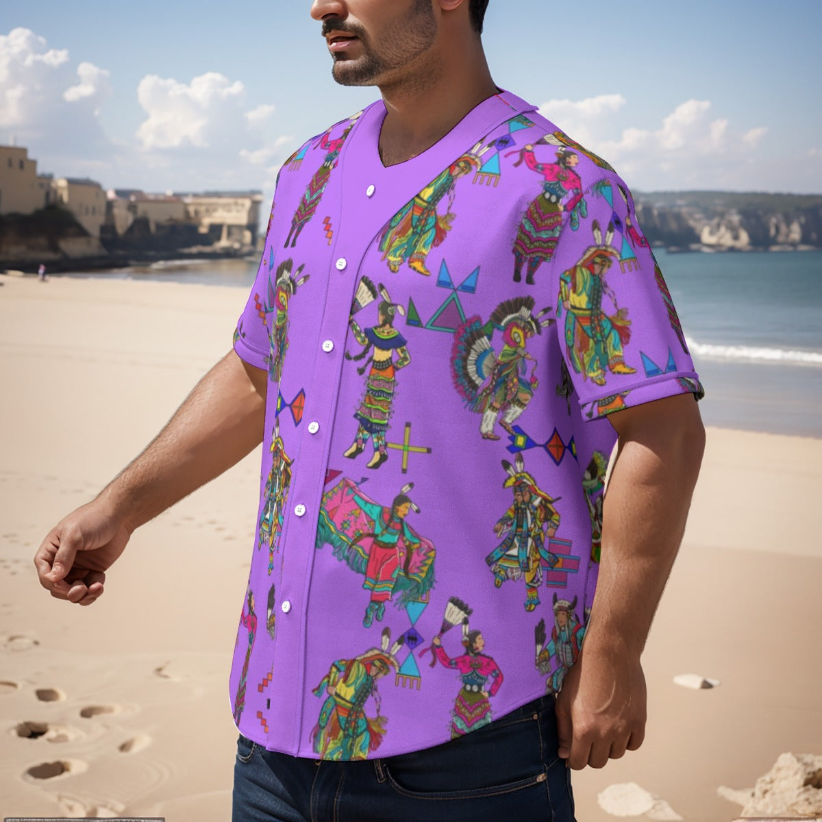 Grand Entry Dancers Purple Men's Short Sleeve Baseball Jersey With Pinstripes