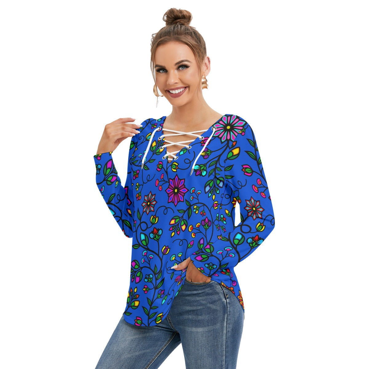 Prairie Paintbrush Blue SQ Women's Long Sleeve Neckline Tie Sweatshirt