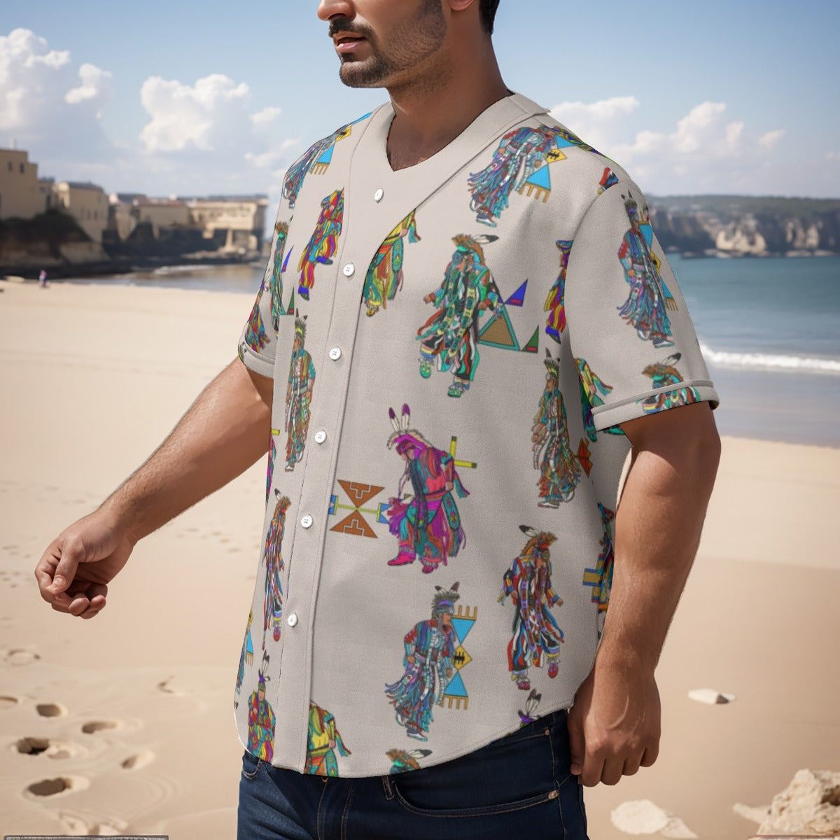 Men's Grass Dancers Muslin Men's Short Sleeve Baseball Jersey With Pinstripes