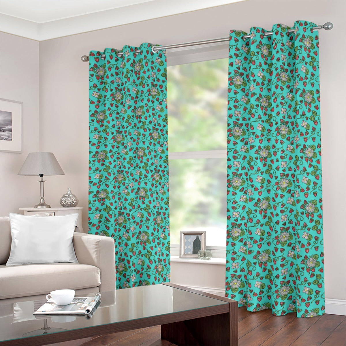 Strawberry Dreams Turquoise Blackout Grommet Curtains | 265(gsm)