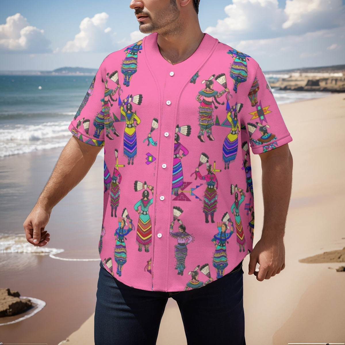 Women's Jingle Dancers Pink Men's Short Sleeve Baseball Jersey With Pinstripes