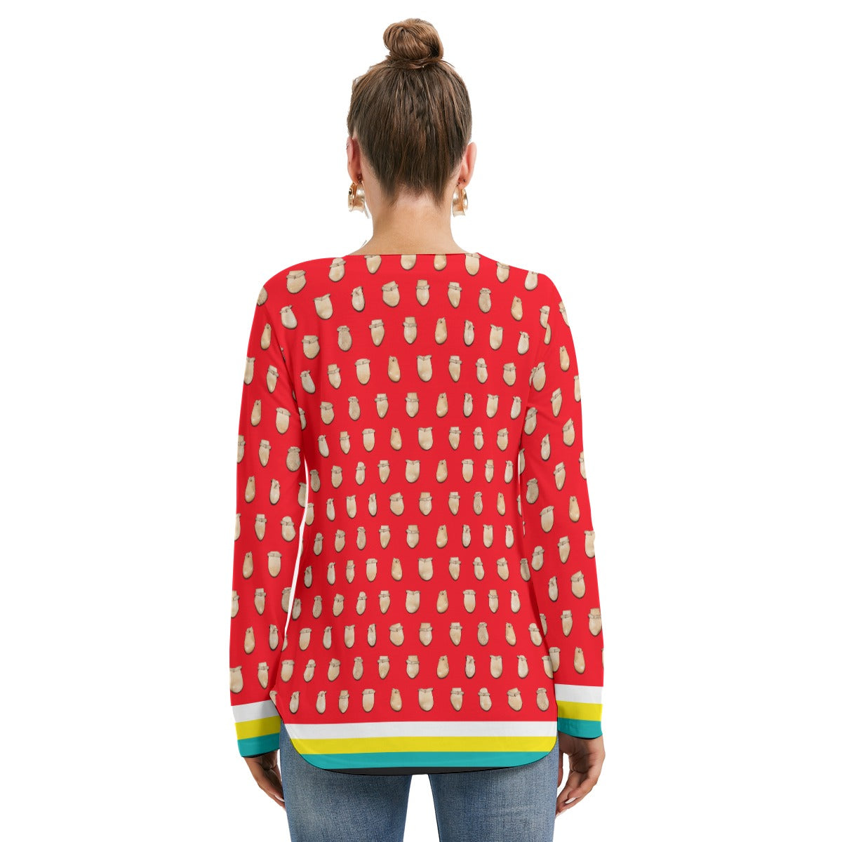 Elk Teeth on Red Women's Long Sleeve Neckline Tie Sweatshirt