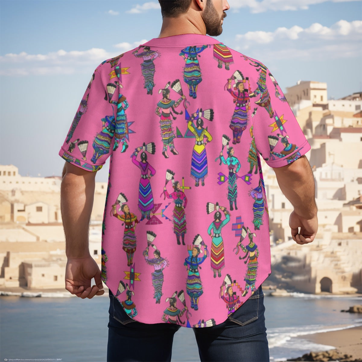 Women's Jingle Dancers Pink Men's Short Sleeve Baseball Jersey With Pinstripes