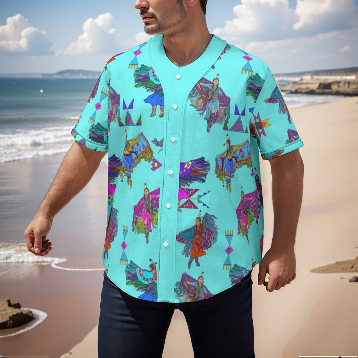 Women's Fancy Dancers Turquoise Men's Short Sleeve Baseball Jersey With Pinstripes