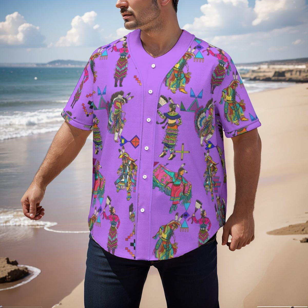 Grand Entry Dancers Purple Men's Short Sleeve Baseball Jersey With Pinstripes