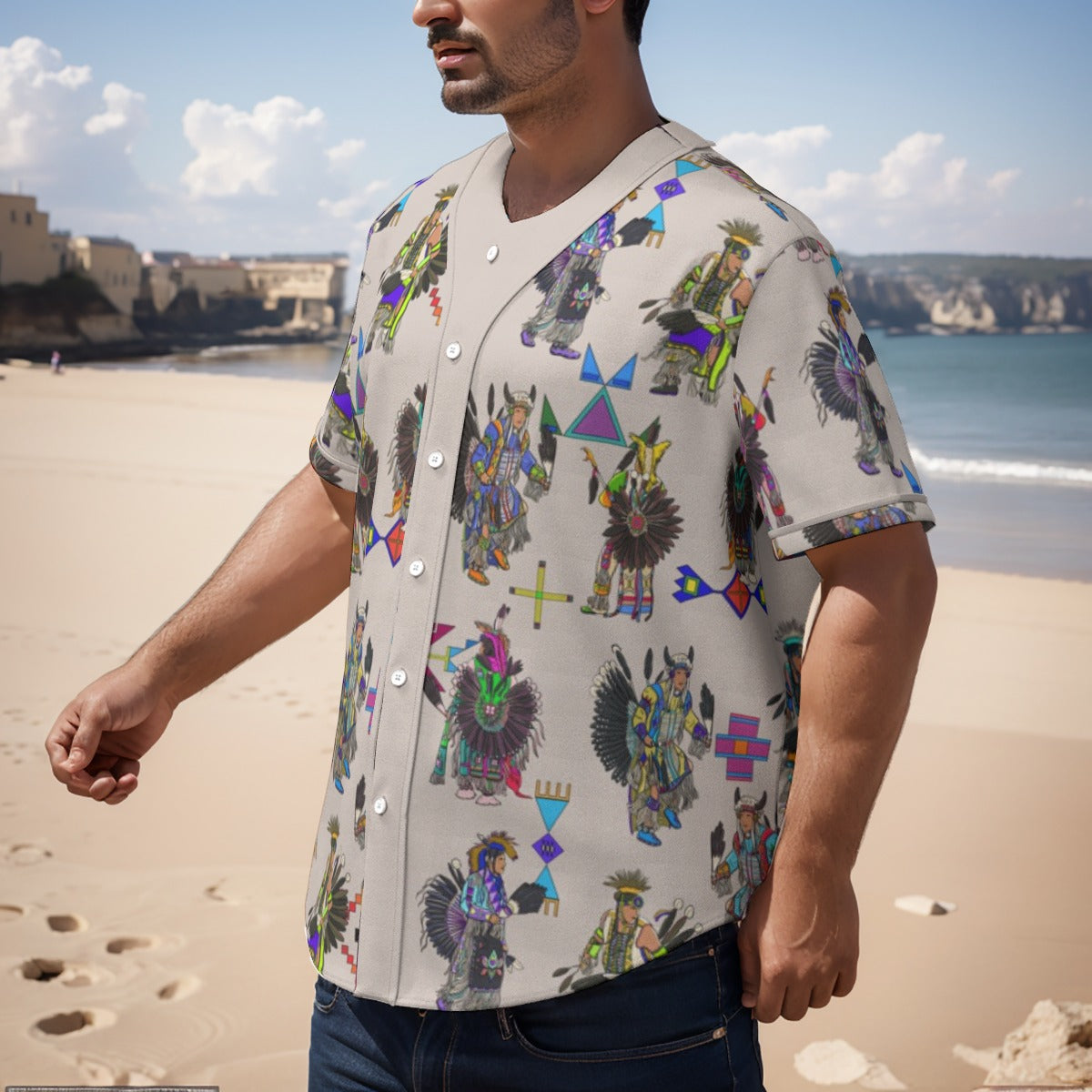 Men's Tradish Dancers Muslin White Men's Short Sleeve Baseball Jersey With Pinstripes