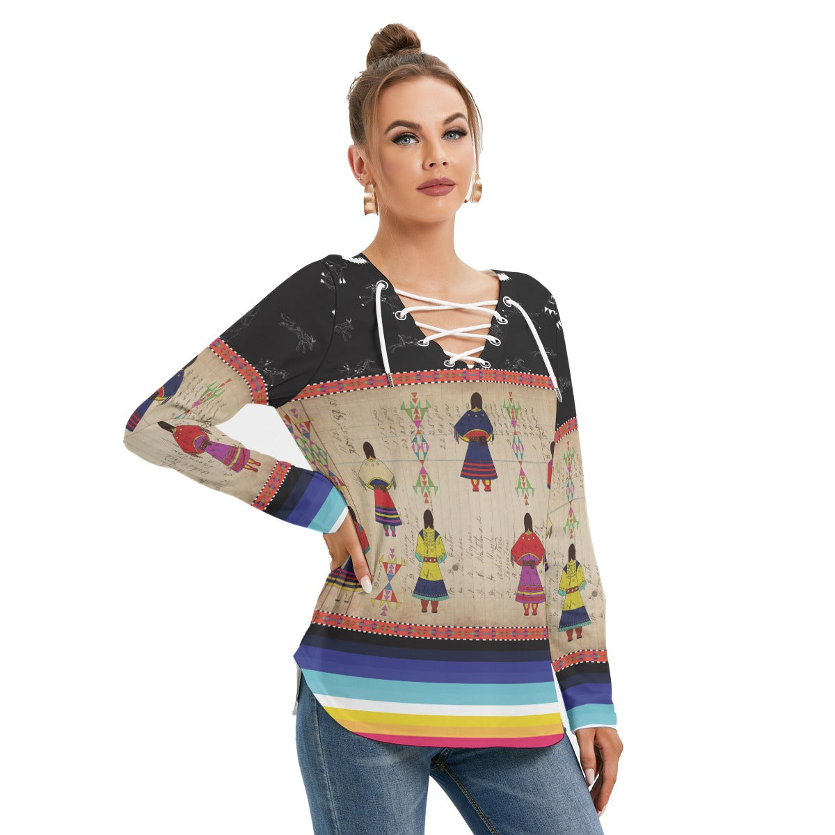 Ledger Round Dance Midnight Women's Long Sleeve Neckline Tie Sweatshirt