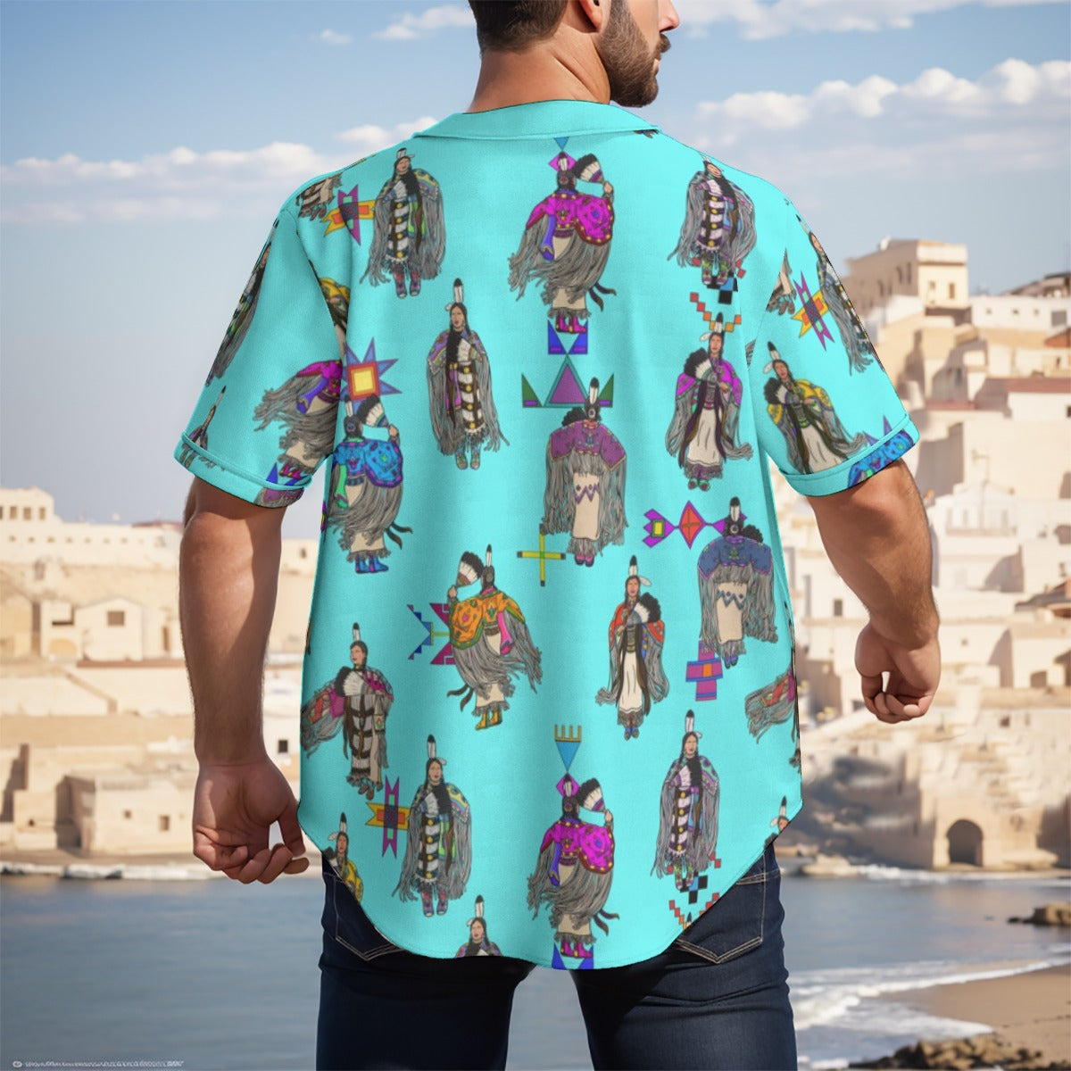 Women's Tradish Dancers Turquoise Men's Short Sleeve Baseball Jersey With Pinstripes