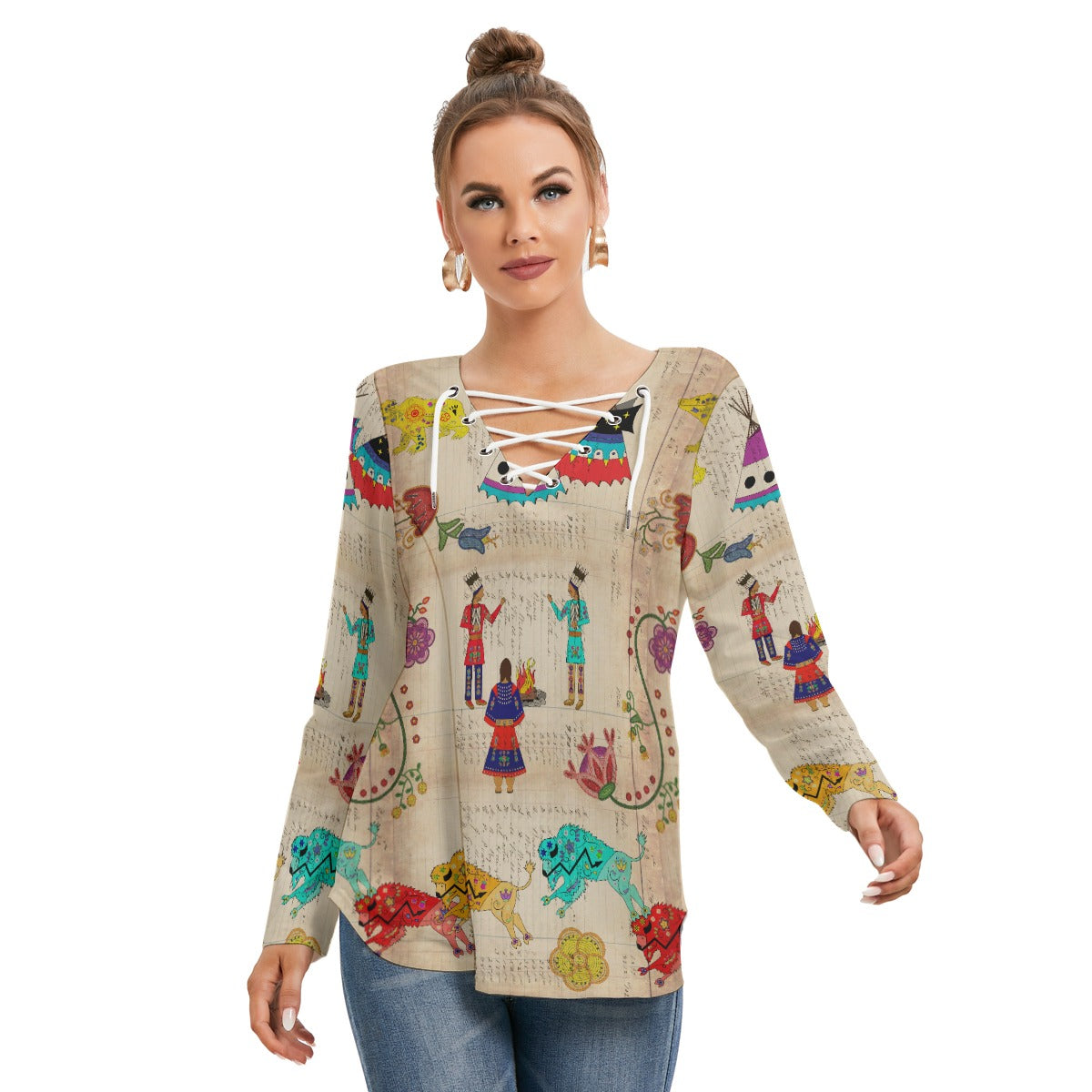 Floral Ledger Way of Life Women's Long Sleeve Neckline Tie Sweatshirt