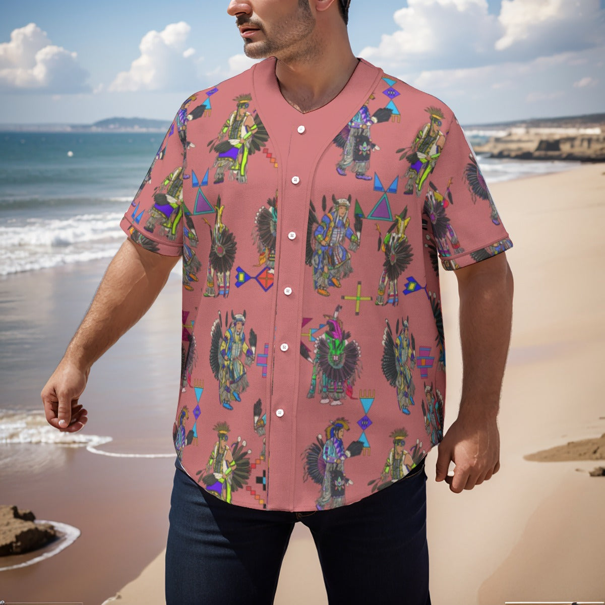 Men's Tradish Dancers Terra Cotta Men's Short Sleeve Baseball Jersey With Pinstripes