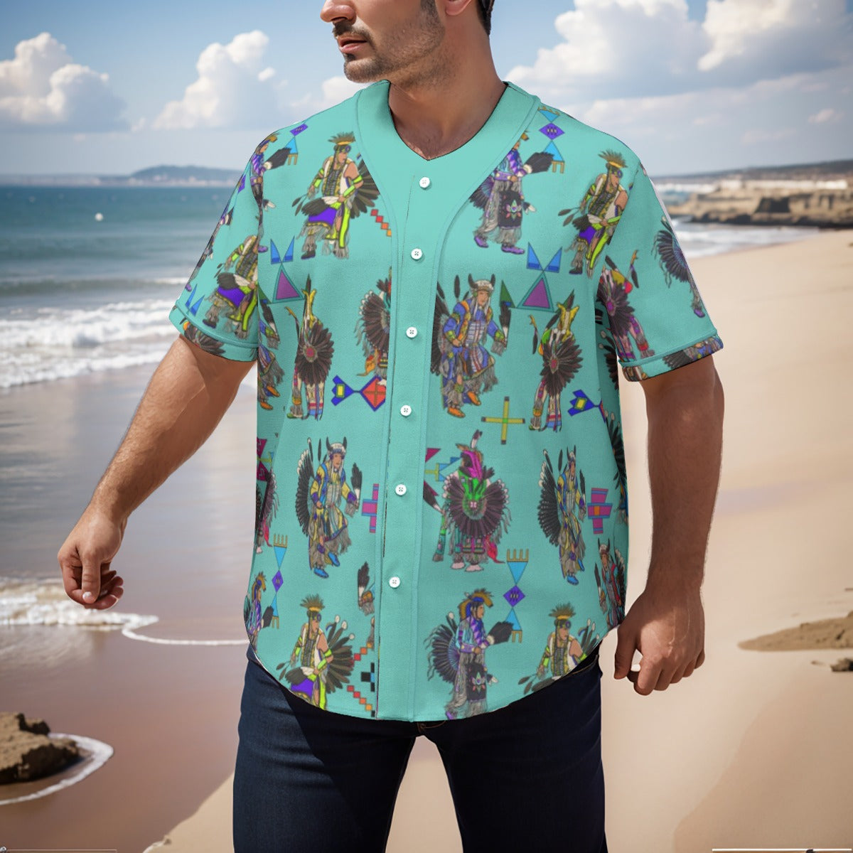 Men's Tradish Dancers Eggshell Blue Men's Short Sleeve Baseball Jersey With Pinstripes