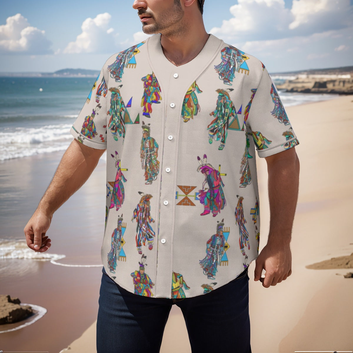 Men's Grass Dancers Muslin Men's Short Sleeve Baseball Jersey With Pinstripes