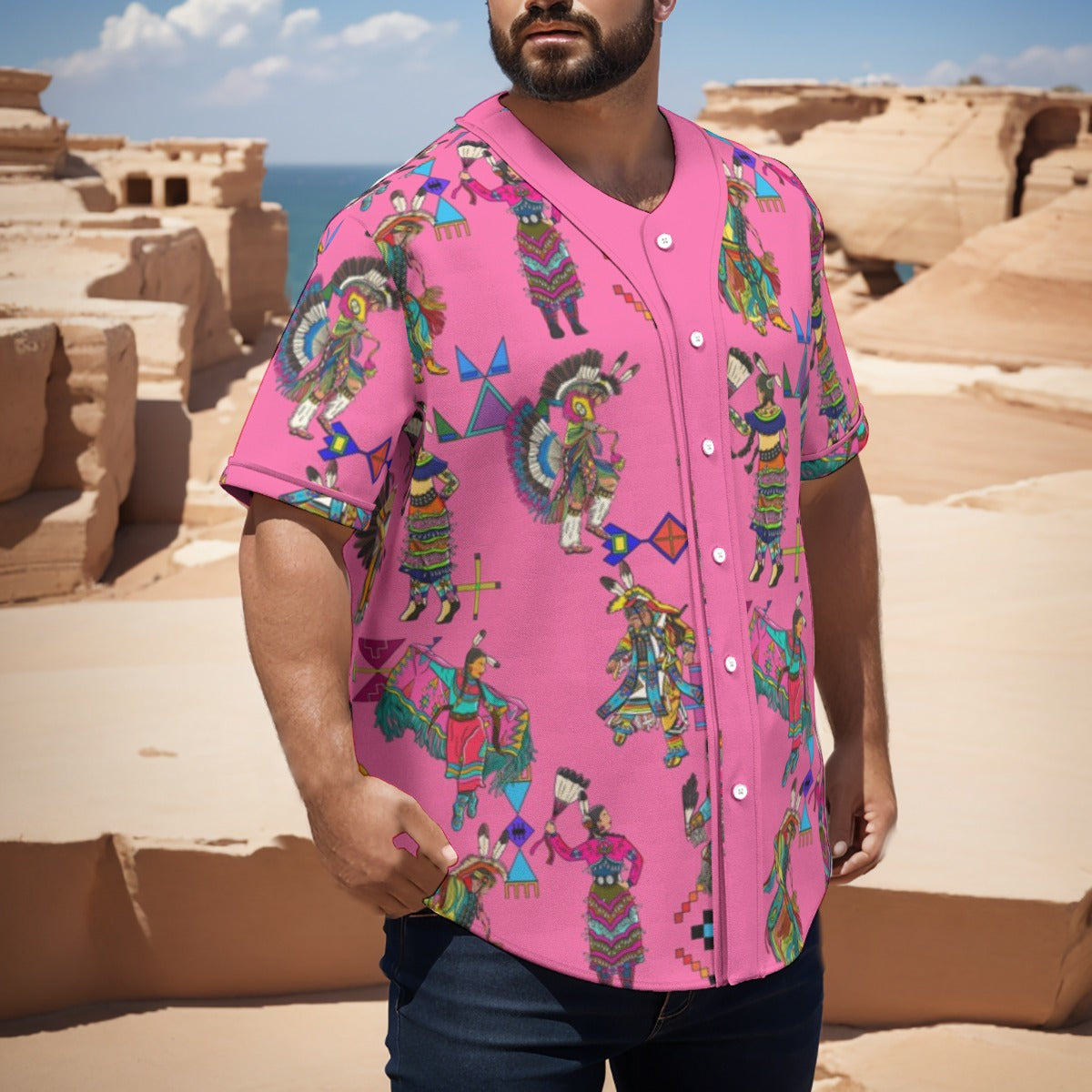 Grand Entry Dancer Pink Men's Short Sleeve Baseball Jersey With Pinstripes