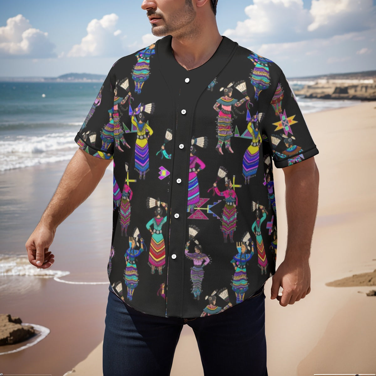 Women's Jingle Dancers Black Men's Short Sleeve Baseball Jersey With Pinstripes