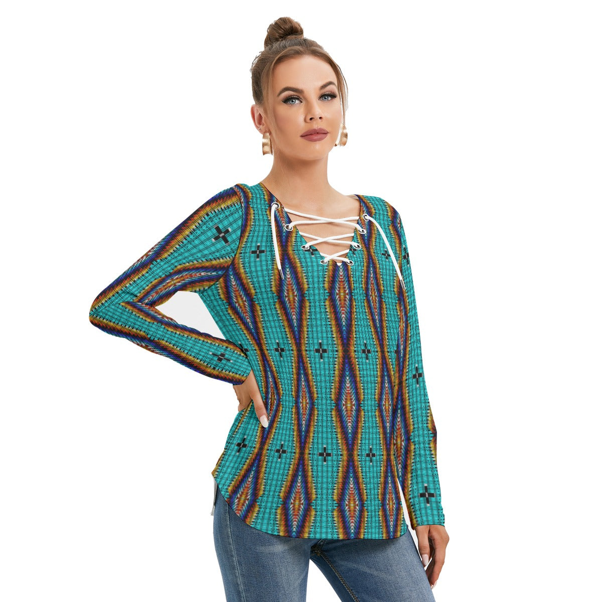 Diamond in the Bluff Turquoise Women's Long Sleeve Neckline Tie Sweatshirt