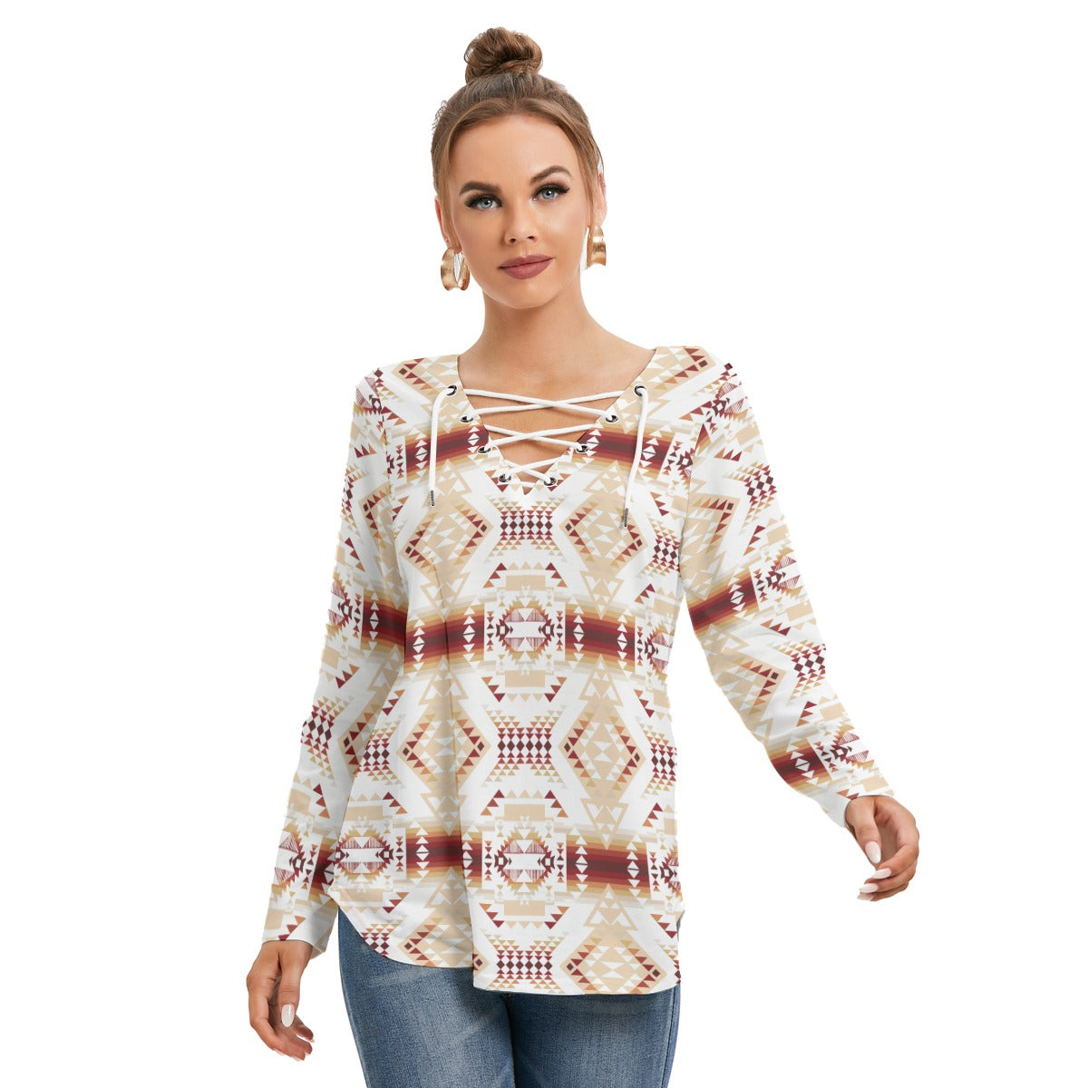 Gathering Clay Women's Long Sleeve Neckline Tie Sweatshirt