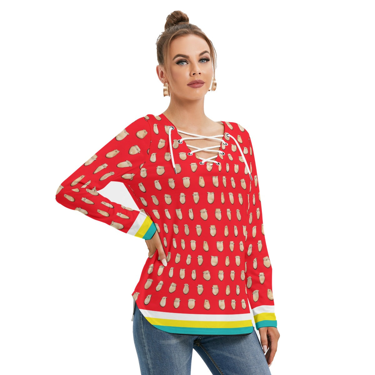 Elk Teeth on Red Women's Long Sleeve Neckline Tie Sweatshirt