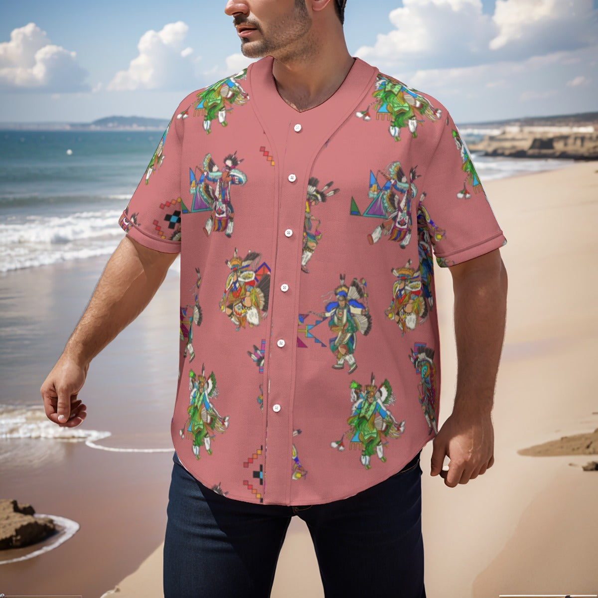 Men's Fancy Dancers Terra Cotta Men's Short Sleeve Baseball Jersey With Pinstripes