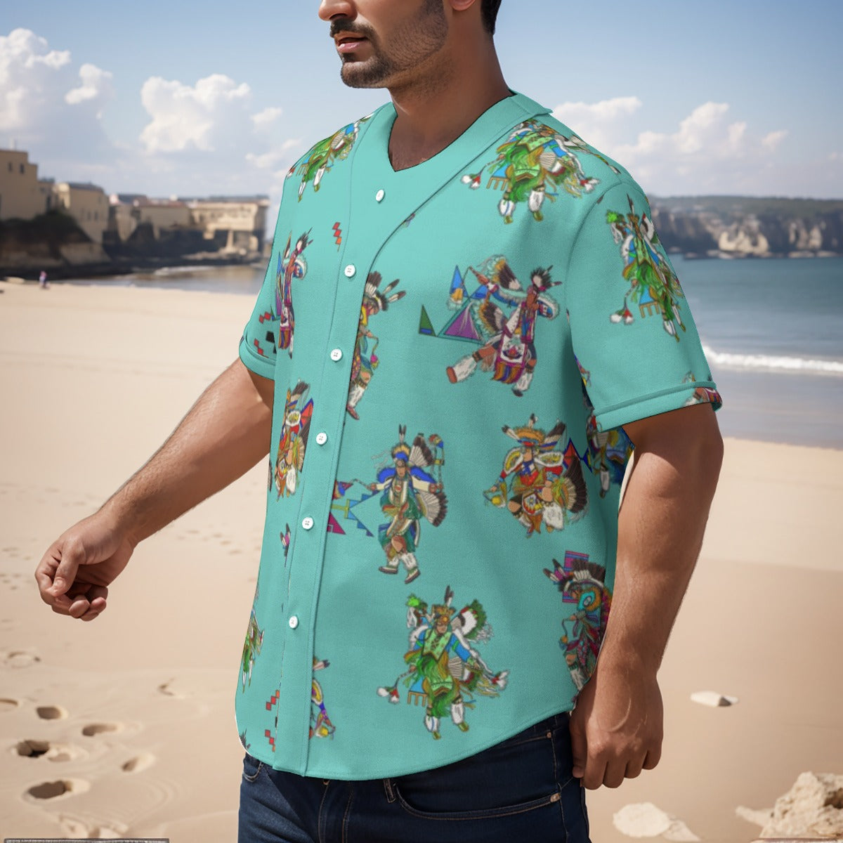 Men's Fancy Dancers Eggshell Blue Men's Short Sleeve Baseball Jersey With Pinstripes
