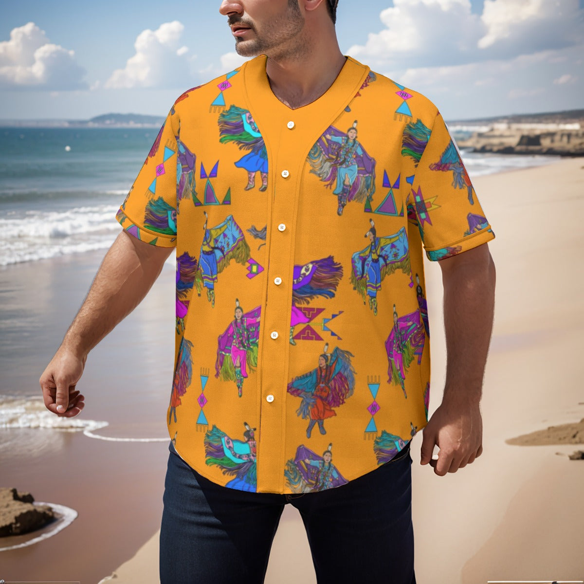 Women's Fancy Dancers Orange Men's Short Sleeve Baseball Jersey With Pinstripes