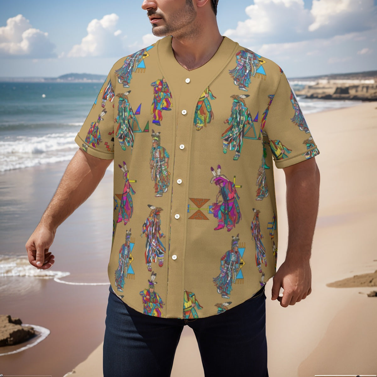 Men's Grass Dancers Earth Men's Short Sleeve Baseball Jersey With Pinstripes