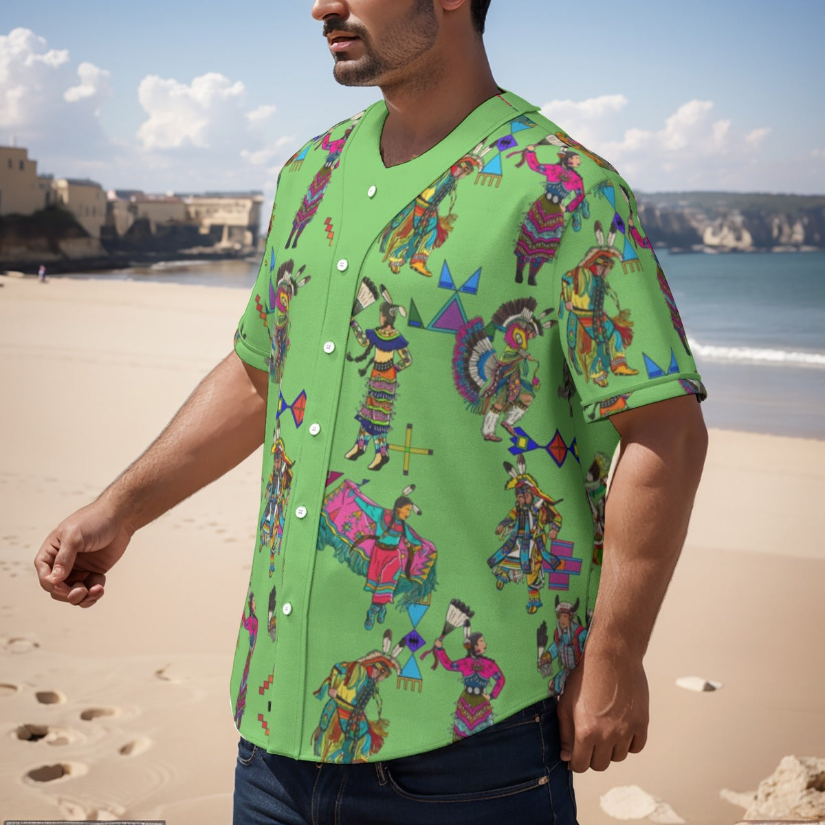 Grand Entry Dancers Grass Men's Short Sleeve Baseball Jersey With Pinstripes