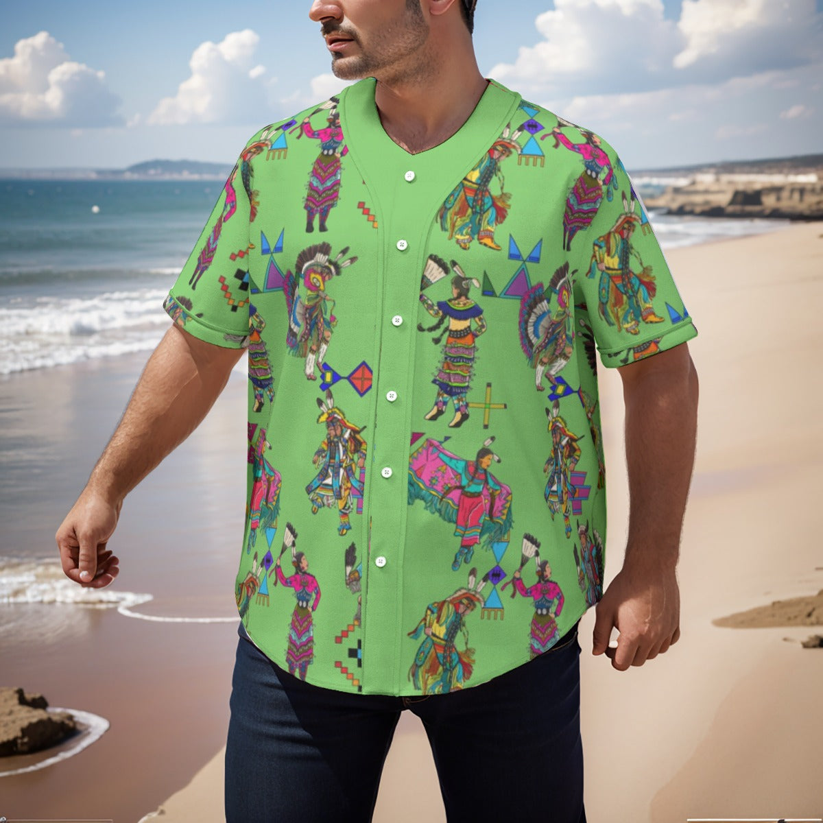 Grand Entry Dancers Grass Men's Short Sleeve Baseball Jersey With Pinstripes