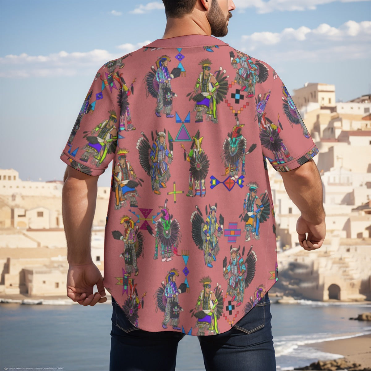 Men's Tradish Dancers Terra Cotta Men's Short Sleeve Baseball Jersey With Pinstripes