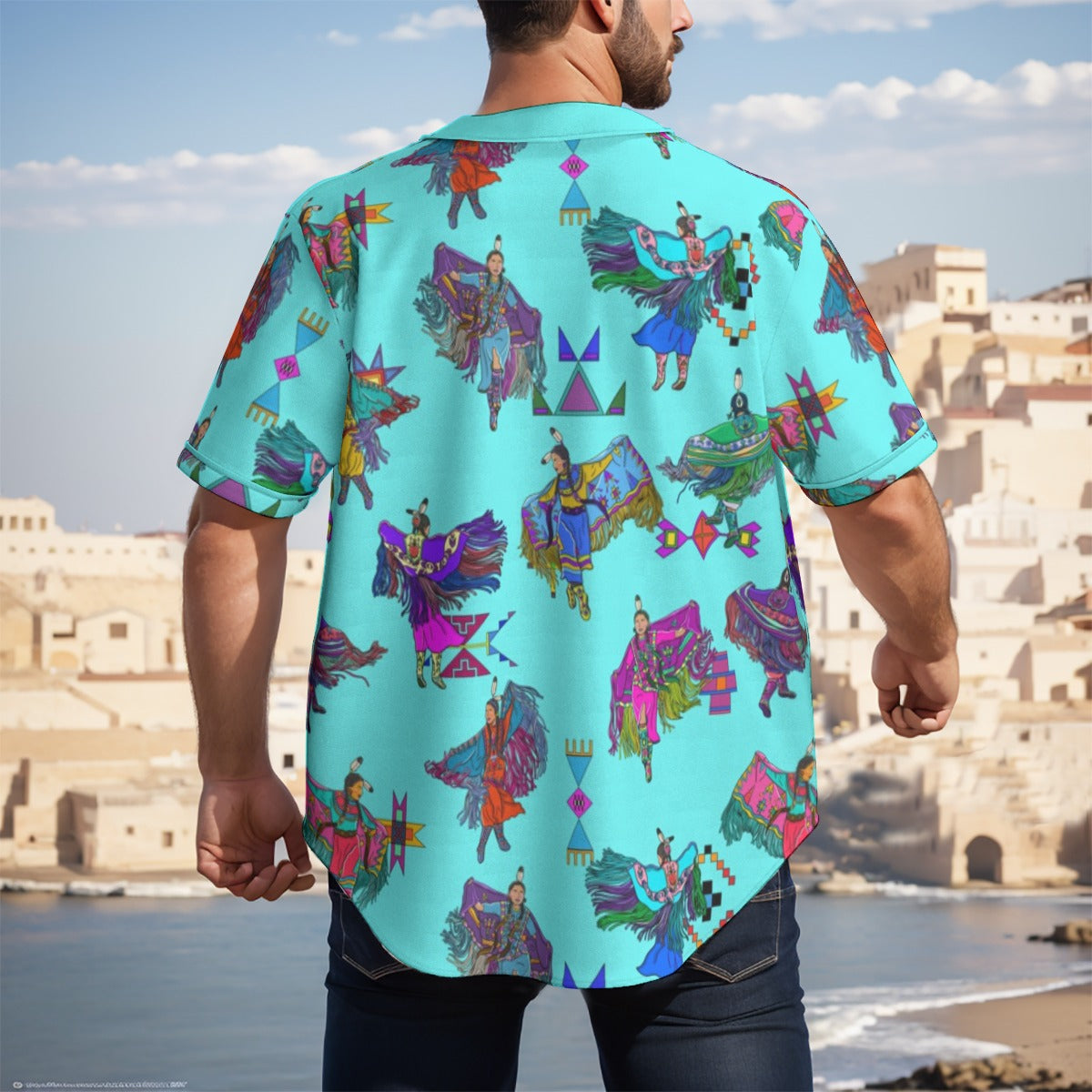 Women's Fancy Dancers Turquoise Men's Short Sleeve Baseball Jersey With Pinstripes