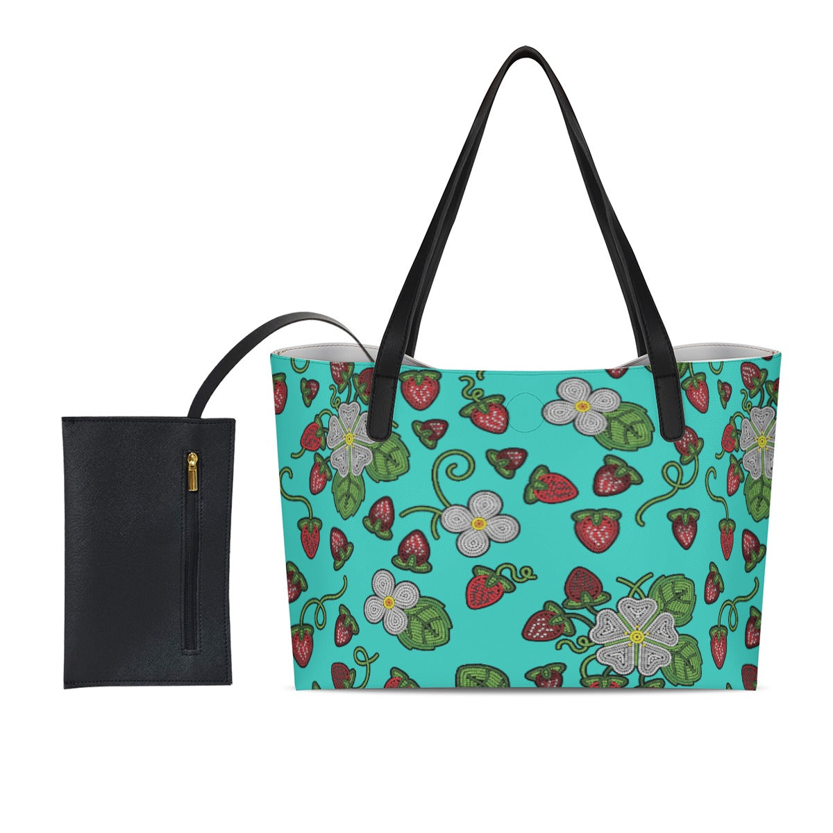 Strawberry Dreams Turquoise Shopping Tote Bag With Black Mini Purse