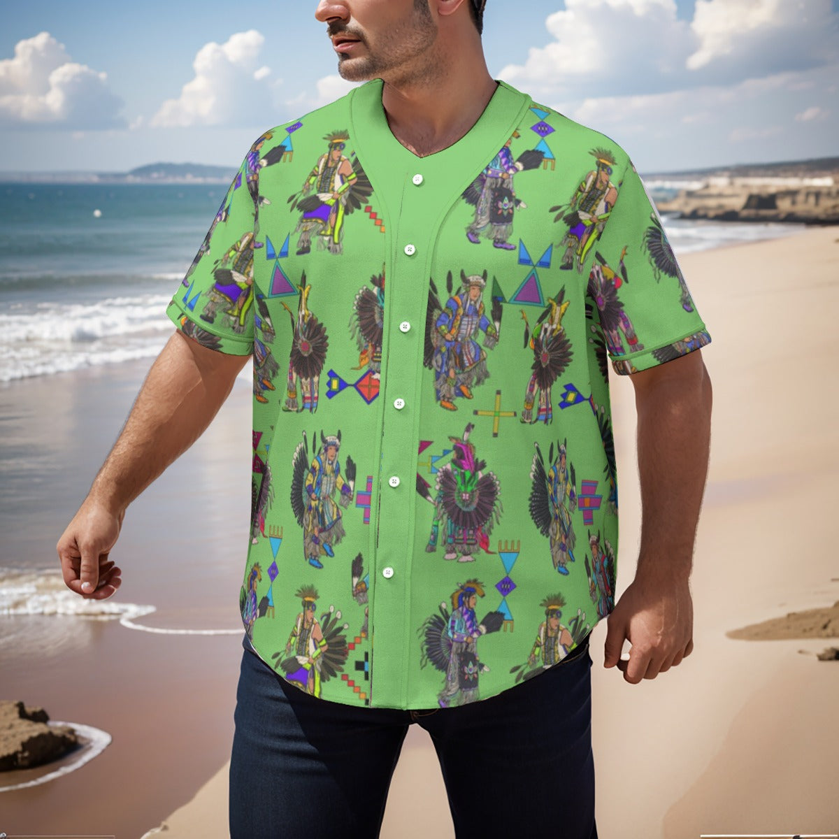 Men's Tradish Dancers Grass Men's Short Sleeve Baseball Jersey With Pinstripes