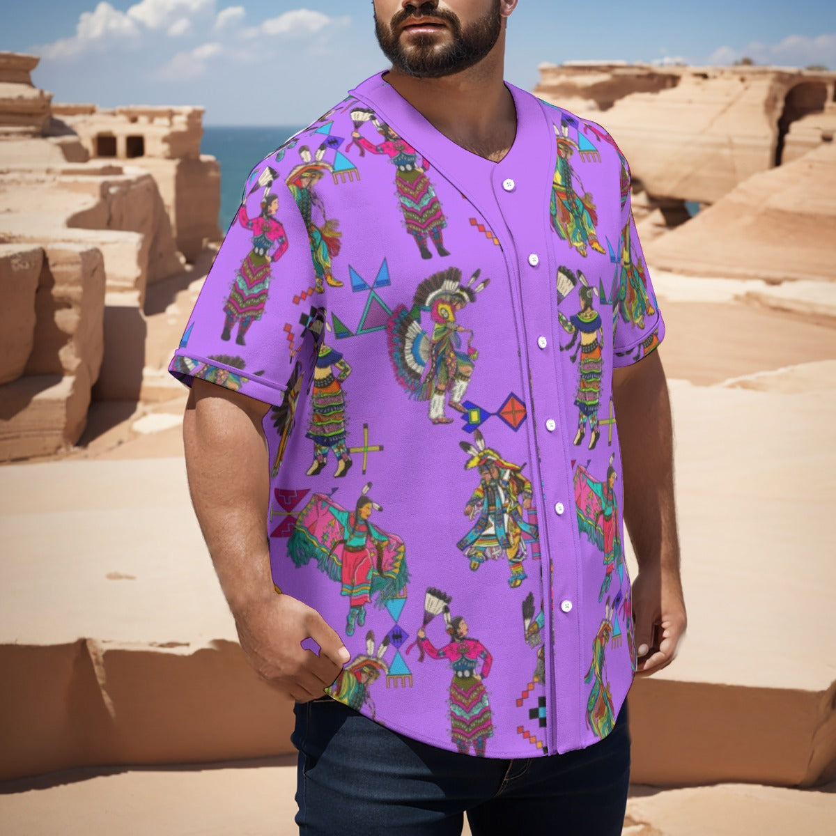 Grand Entry Dancers Purple Men's Short Sleeve Baseball Jersey With Pinstripes