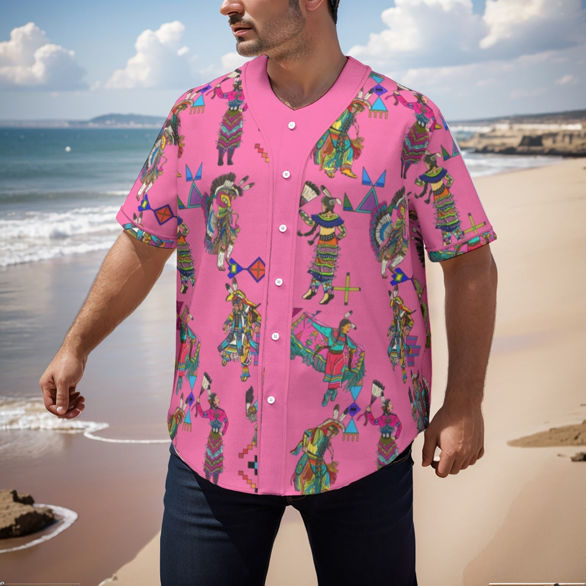 Grand Entry Dancer Pink Men's Short Sleeve Baseball Jersey With Pinstripes