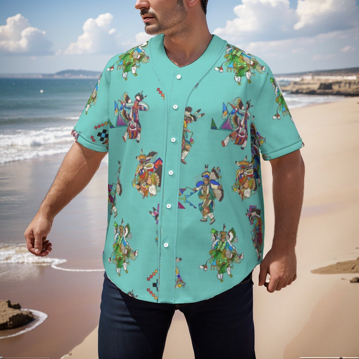 Men's Fancy Dancers Eggshell Blue Men's Short Sleeve Baseball Jersey With Pinstripes