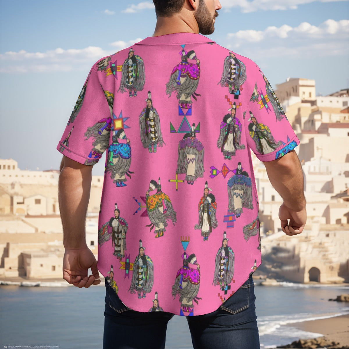 Women's Tradish Dancers Pink Men's Short Sleeve Baseball Jersey With Pinstripes
