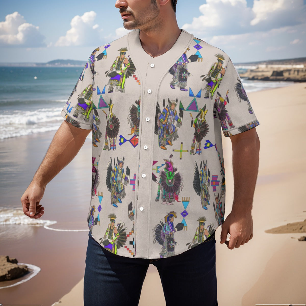 Men's Tradish Dancers Muslin White Men's Short Sleeve Baseball Jersey With Pinstripes