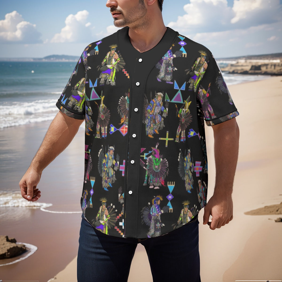 Men's Tradish Dancers Black Men's Short Sleeve Baseball Jersey With Pinstripes