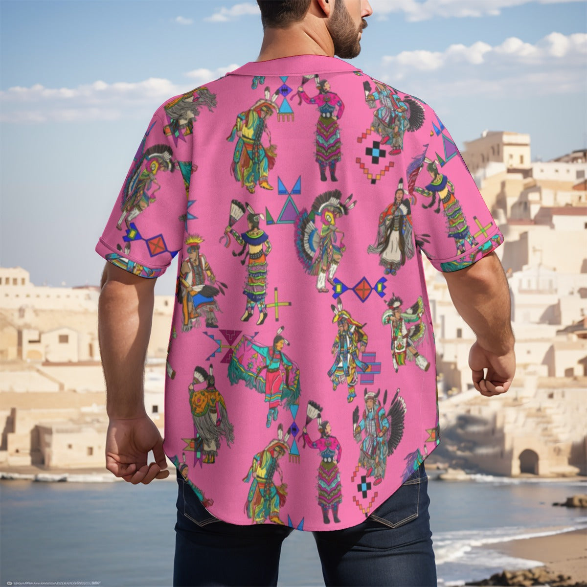 Grand Entry Dancer Pink Men's Short Sleeve Baseball Jersey With Pinstripes