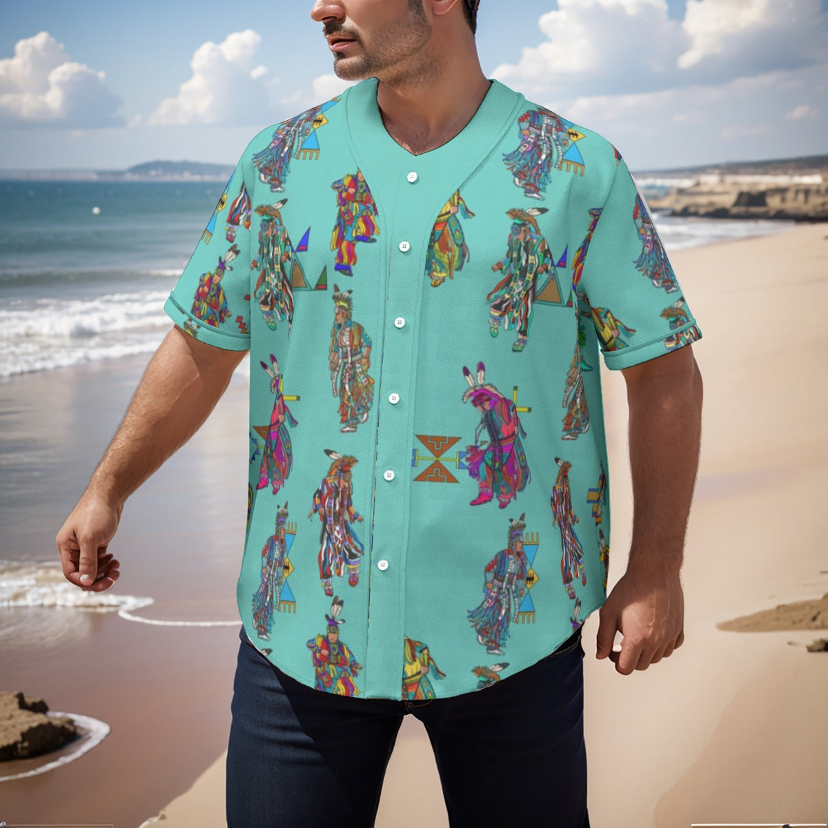 Men's Grass Dancers Eggshell Blue Men's Short Sleeve Baseball Jersey With Pinstripes